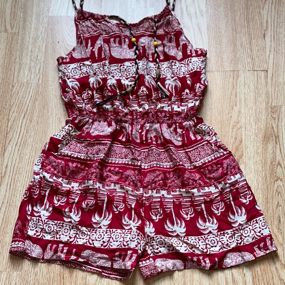 Red and white boho romper